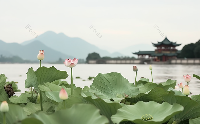 立夏西湖荷花荷叶盛开岸边传统榫卯斗拱建筑国风摄影作品背景,插画/手绘图,插画/手绘图库,插画/手绘图下载,插画/手绘
